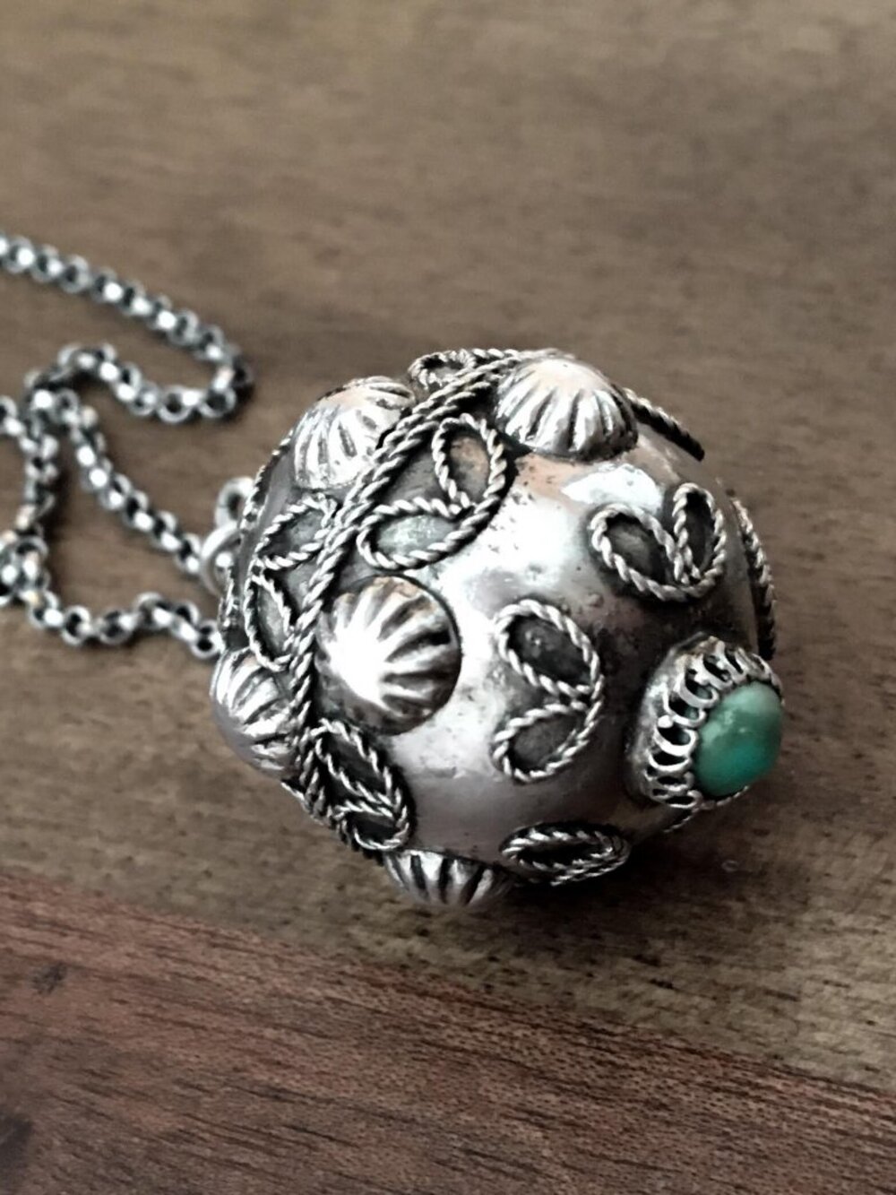 Vintage handmade ball sterling silver turquoise stone orb pendant necklace